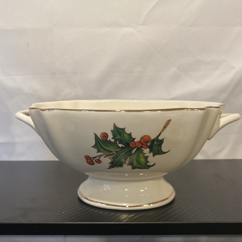 Teleflora Bowl on Pedestal Holly Berries Kitchen Dining‎ Christmas Collectible